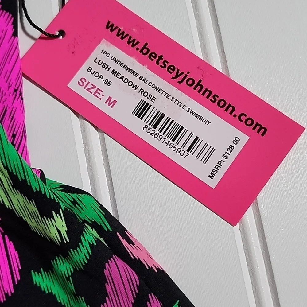 Betsey Johnson Swimsuit Balconette Style Roses Black Pink 1-Pc Size Medium NWT